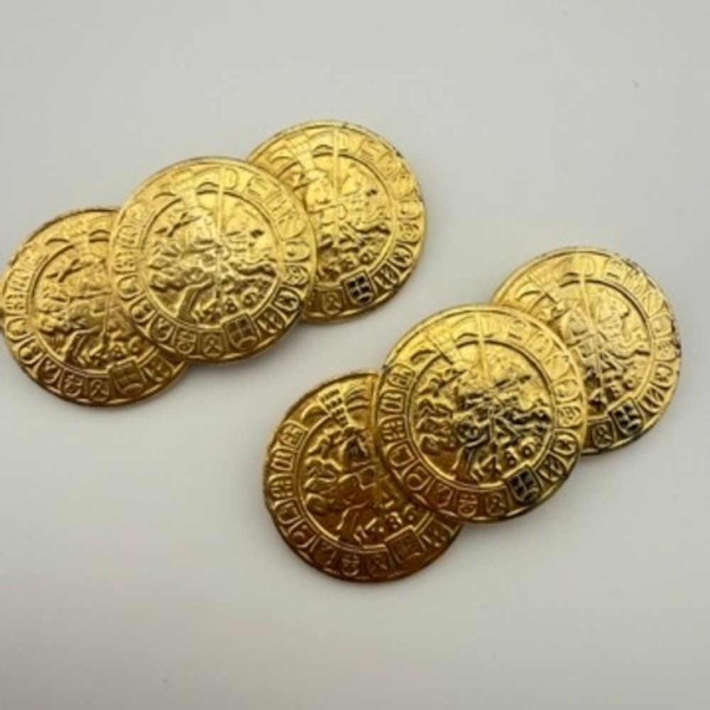 Vintage Coin Gold Tone Shoe Clips Medieval Royalcore Triple Coin Design